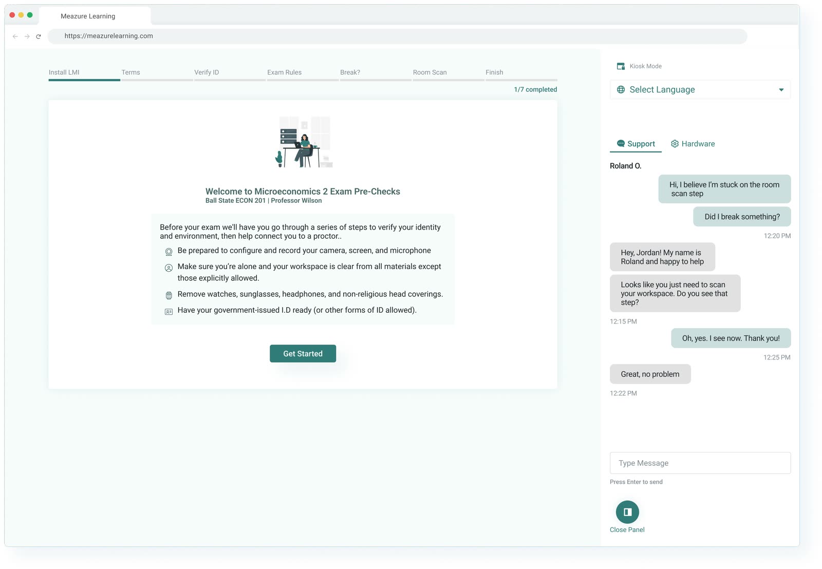 Guardian's support panel with a live chat conversation between a test taker and a support agent, alongside the exam pre-checks